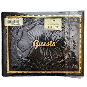 Guest Book Leather Bound Black Gold Embossed Border Italian  (8.5" x 10.5") NEW